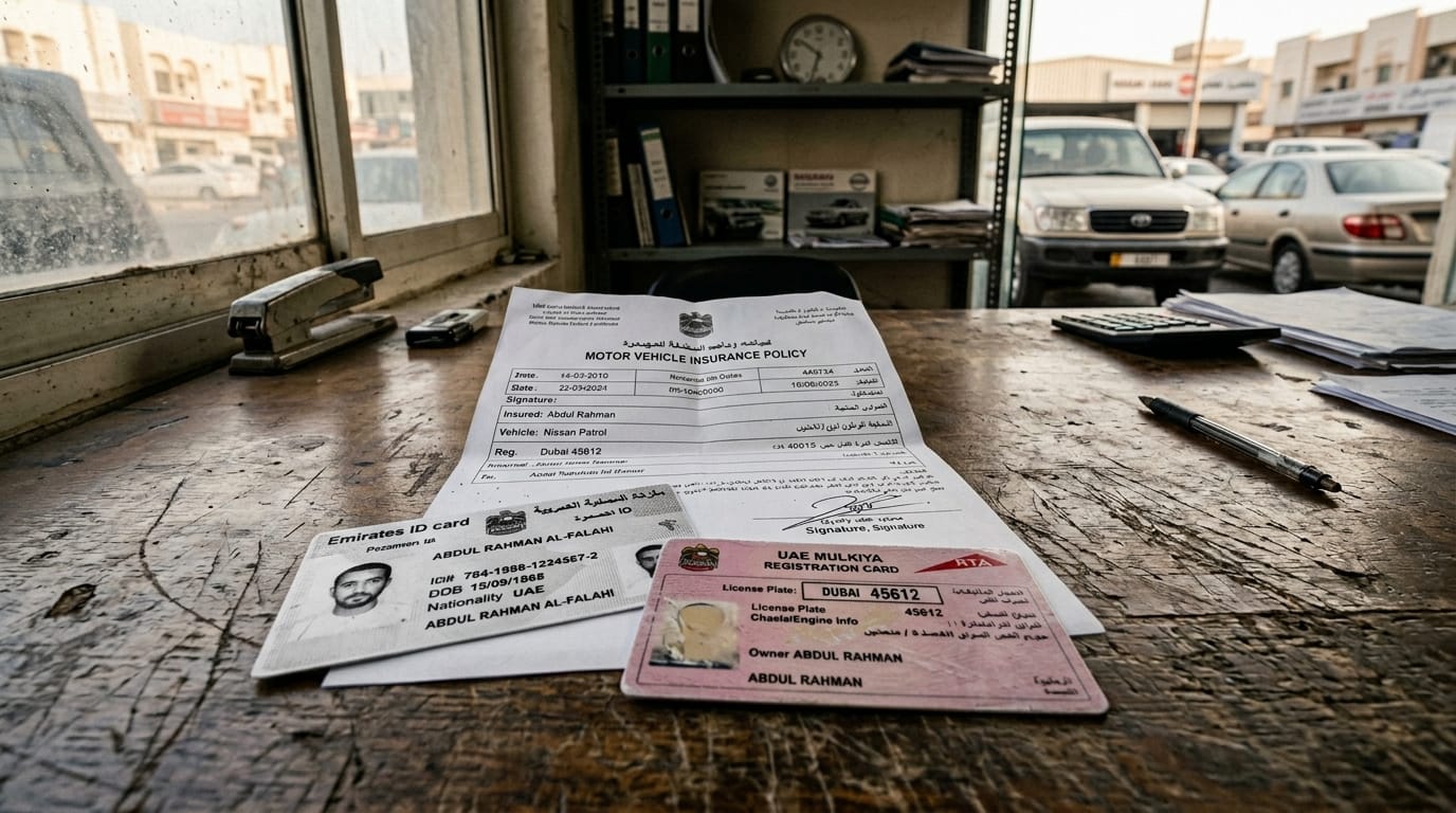 UAE car insurance documents and car keys on a desk in a workshop office