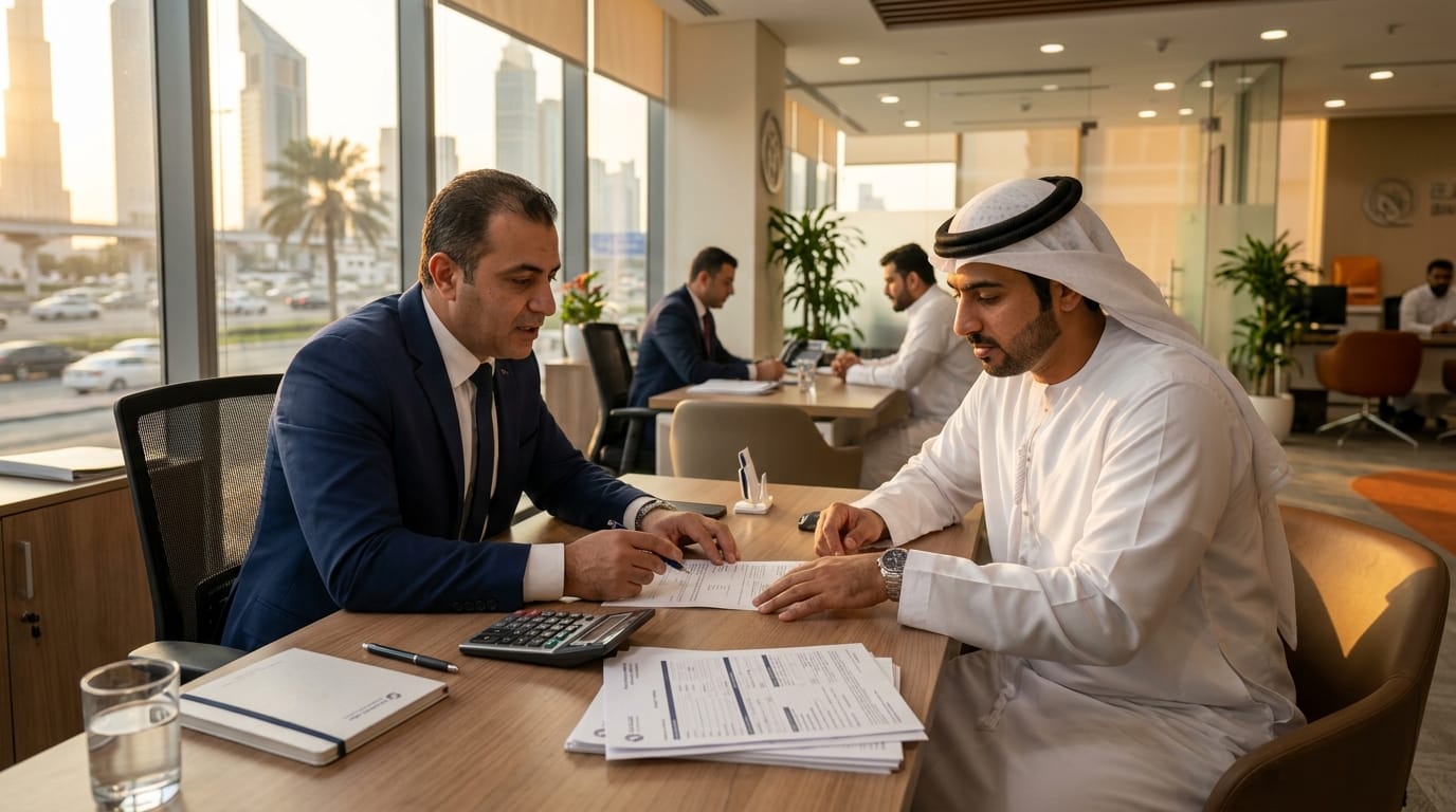 UAE car loan settlement consultation at a bank branch desk