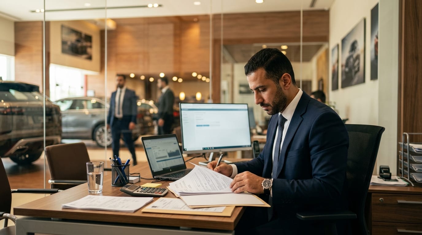 Expat reviewing car finance documents at a UAE dealership finance desk