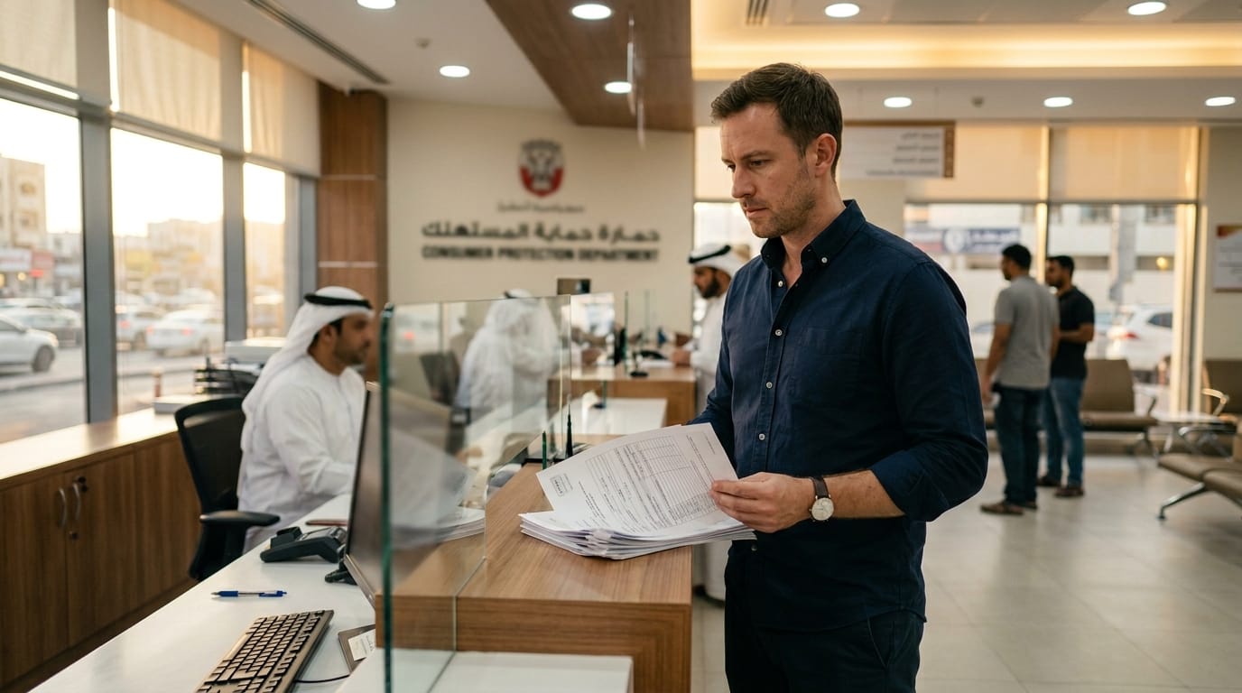 Expat man filing consumer protection complaint at Dubai government service counter with car purchase documents
