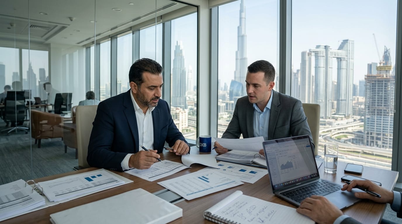 Business owner reviewing VAT documents with a tax advisor in a UAE office setting