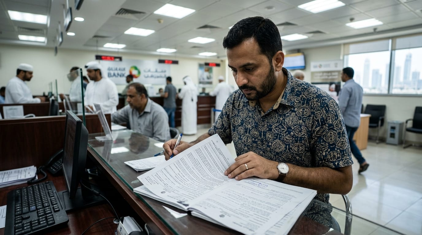 Pakistani expat worker reviewing car loan documents at a UAE bank counter in Dubai