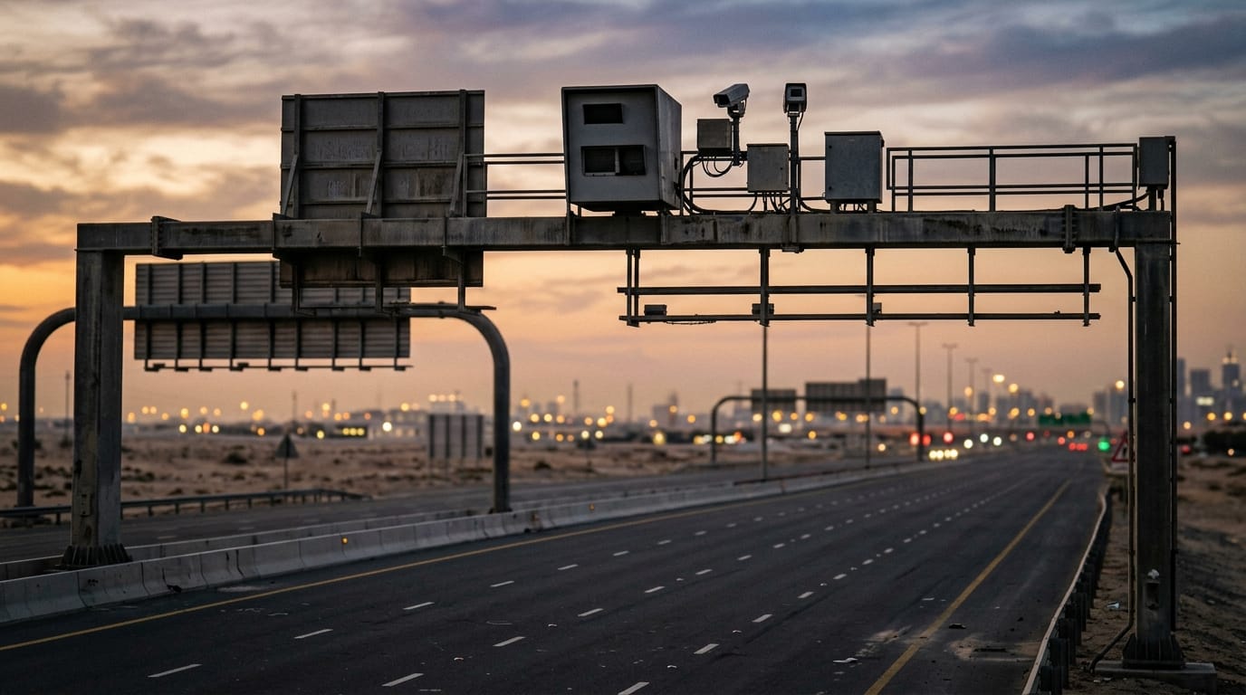 UAE highway speed camera mounted on gantry above Sheikh Zayed Road multiple lanes Dubai