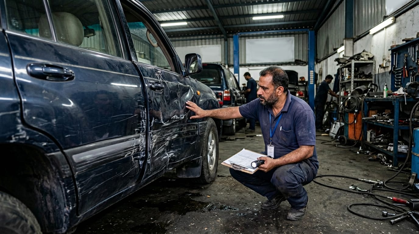 UAE insurance assessor examining vehicle damage at Al Quoz workshop, clipboard and paperwork in hand