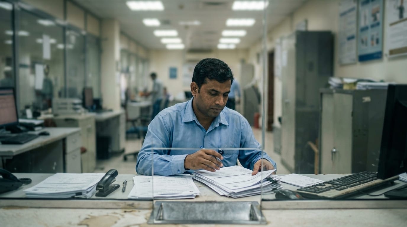 Interior of UAE police service centre with expats at service counters processing vehicle documents