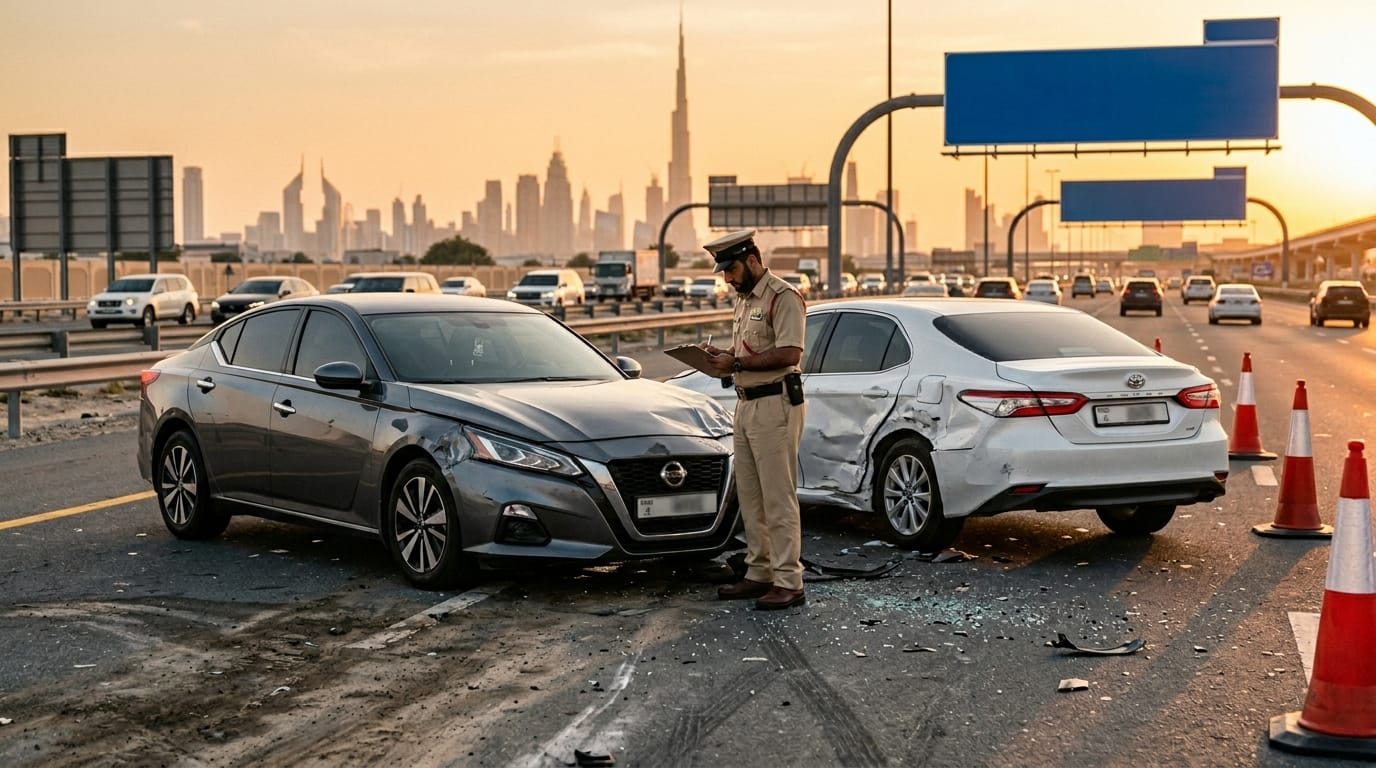 A police officer examining a two-car collision on a Dubai highway at dawn, traffic cones placed around the vehicles