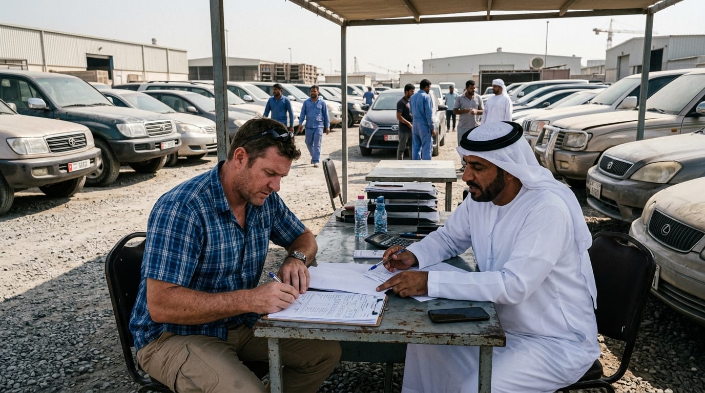 Expat reviewing car financing paperwork at a UAE used car dealership in Al Quoz