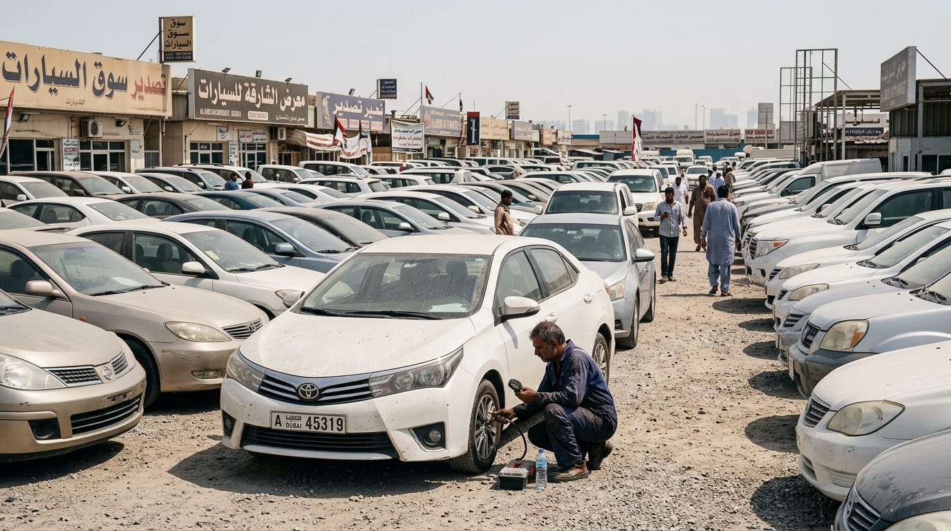 UAE used car market overview showing rows of vehicles at Al Aweer Auto Market Dubai