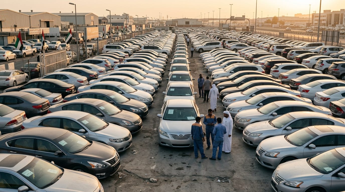 Used car dealership in Al Quoz Dubai showing Toyota and Nissan vehicles for sale