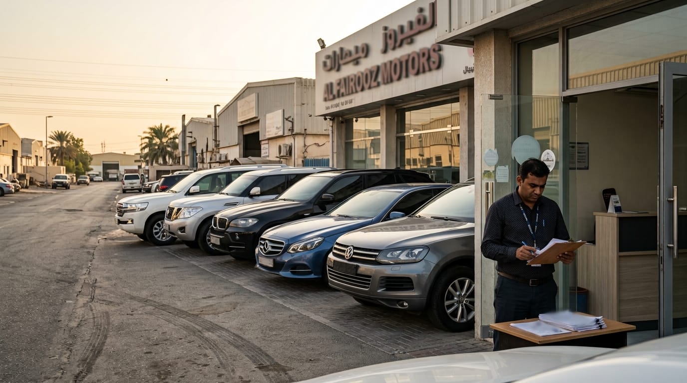 Licensed used car dealership showroom exterior Al Quoz Dubai with vehicles and male owner reviewing paperwork