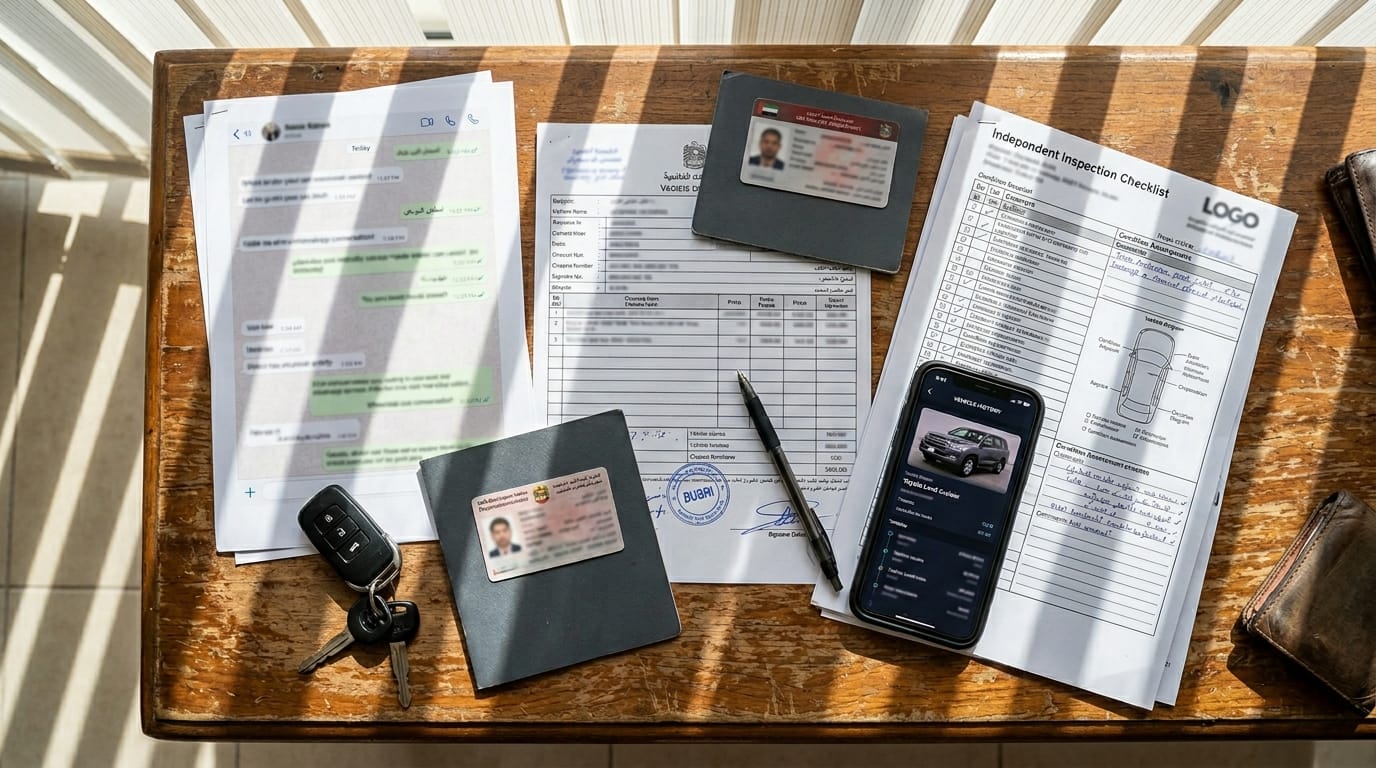 Used car purchase documents evidence collection including inspection report WhatsApp messages and invoice UAE