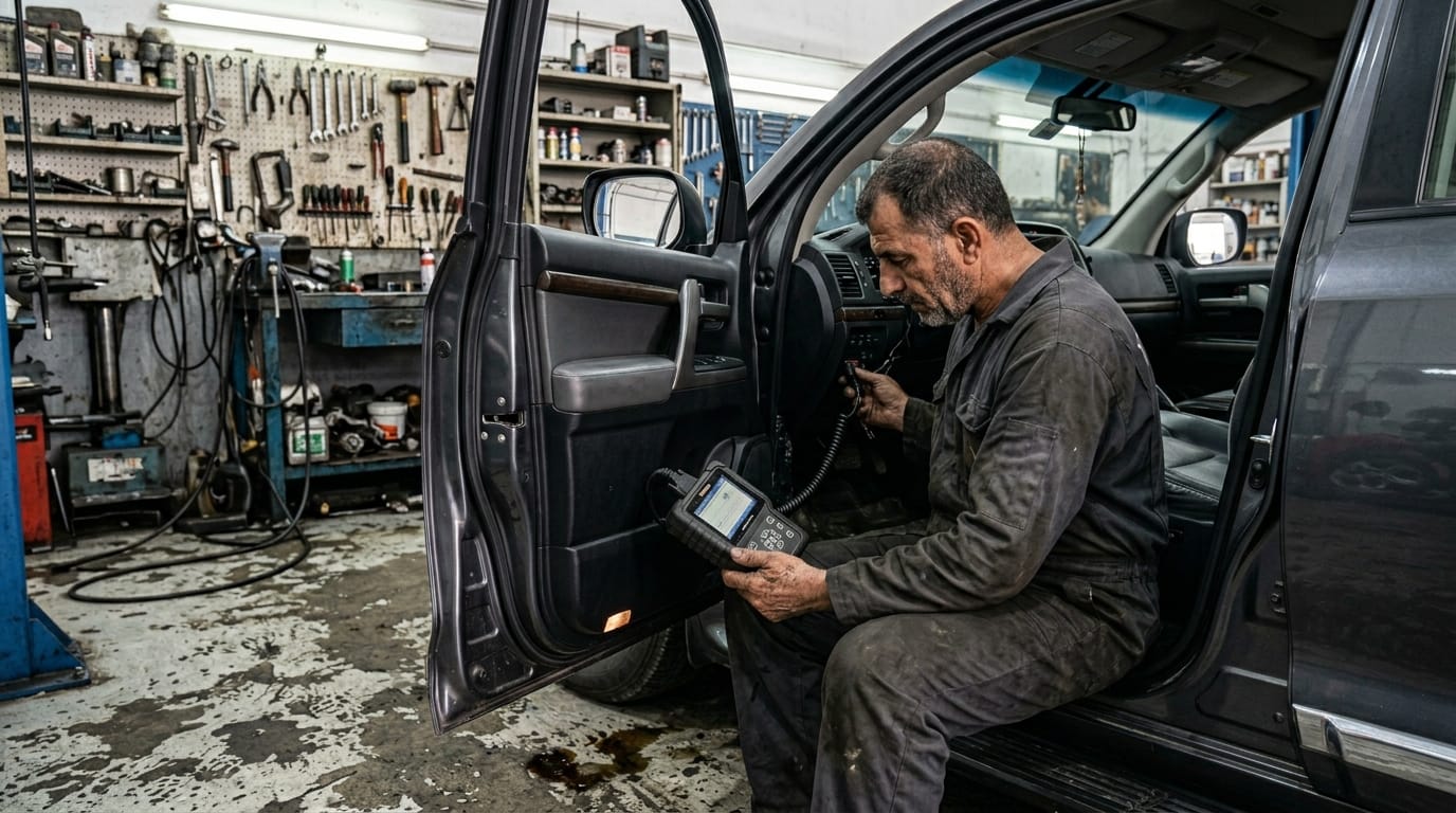 Independent mechanic inspecting used car engine bay in Abu Dhabi Mussafah workshop with OBD device