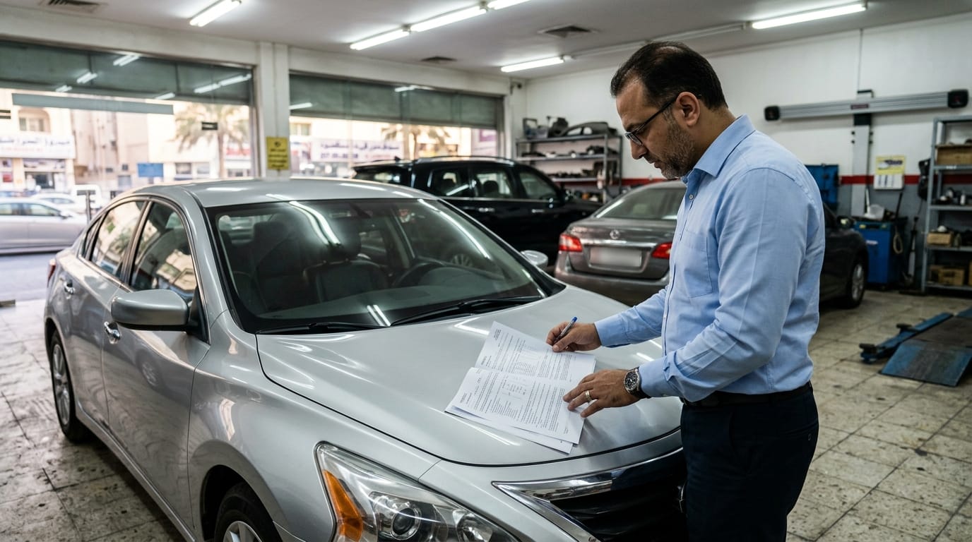 Used car handover at a Dubai showroom with the buyer examining the vehicle paperwork before signing