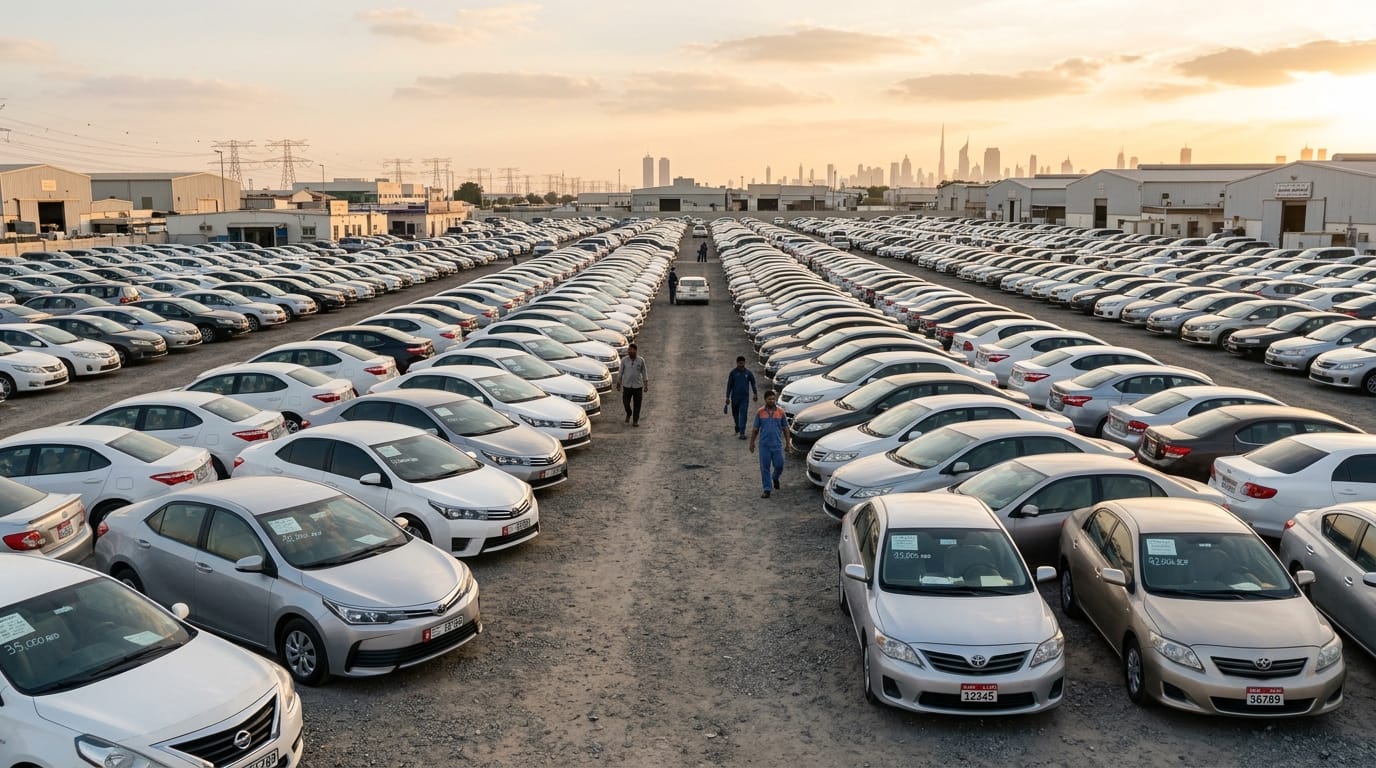 Used car market in Dubai with rows of Toyota and Nissan vehicles, Al Quoz area, natural daylight