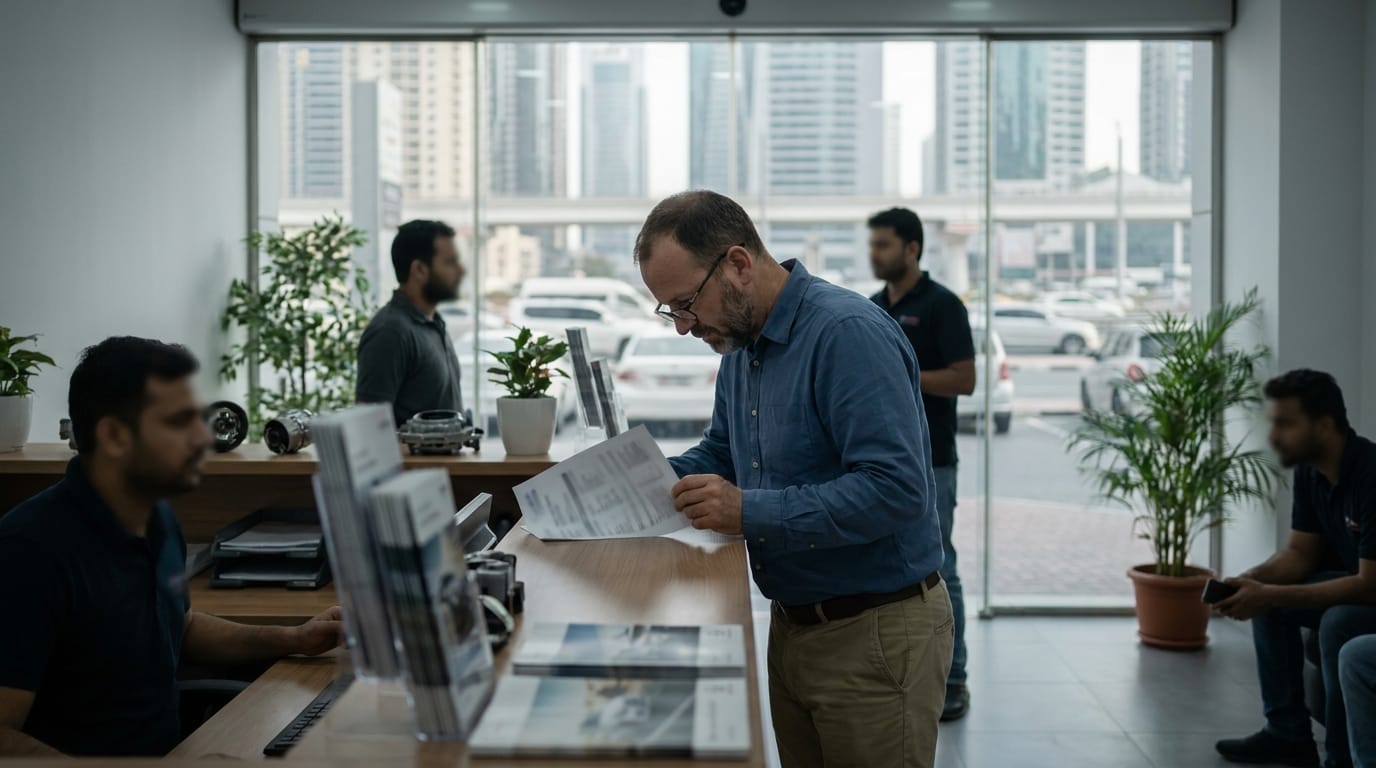 Expat reviewing car maintenance invoice at reception desk inside authorized service center Dubai