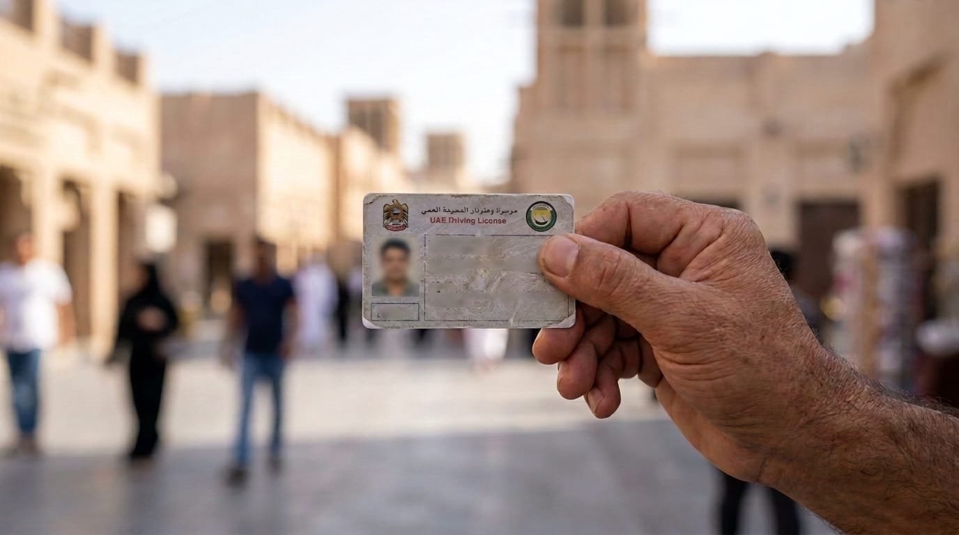UAE driving licence card held in male hand after successful foreign licence exchange at Dubai RTA centre
