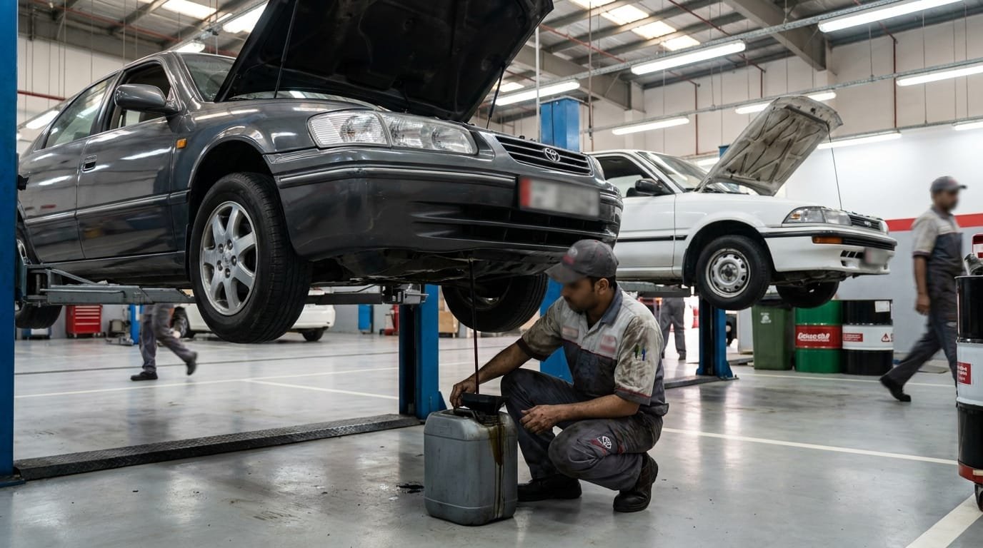 Authorized dealership service bay in Dubai with vehicles queued for scheduled oil change maintenance