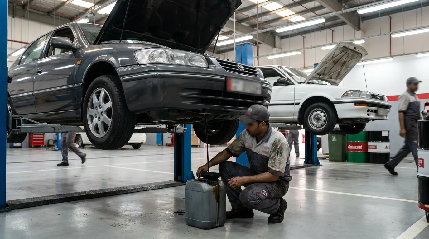 Authorized dealership service bay in Dubai with vehicles queued for scheduled oil change maintenance