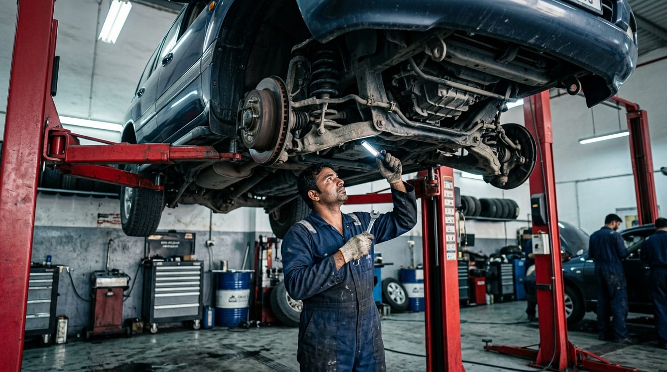 Independent pre-purchase car inspection at Al Quoz workshop Dubai showing undercarriage lift check