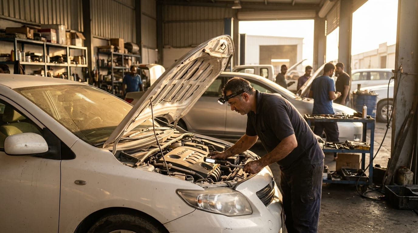 Independent mechanic inspecting engine bay of Toyota Corolla in Al Quoz workshop UAE