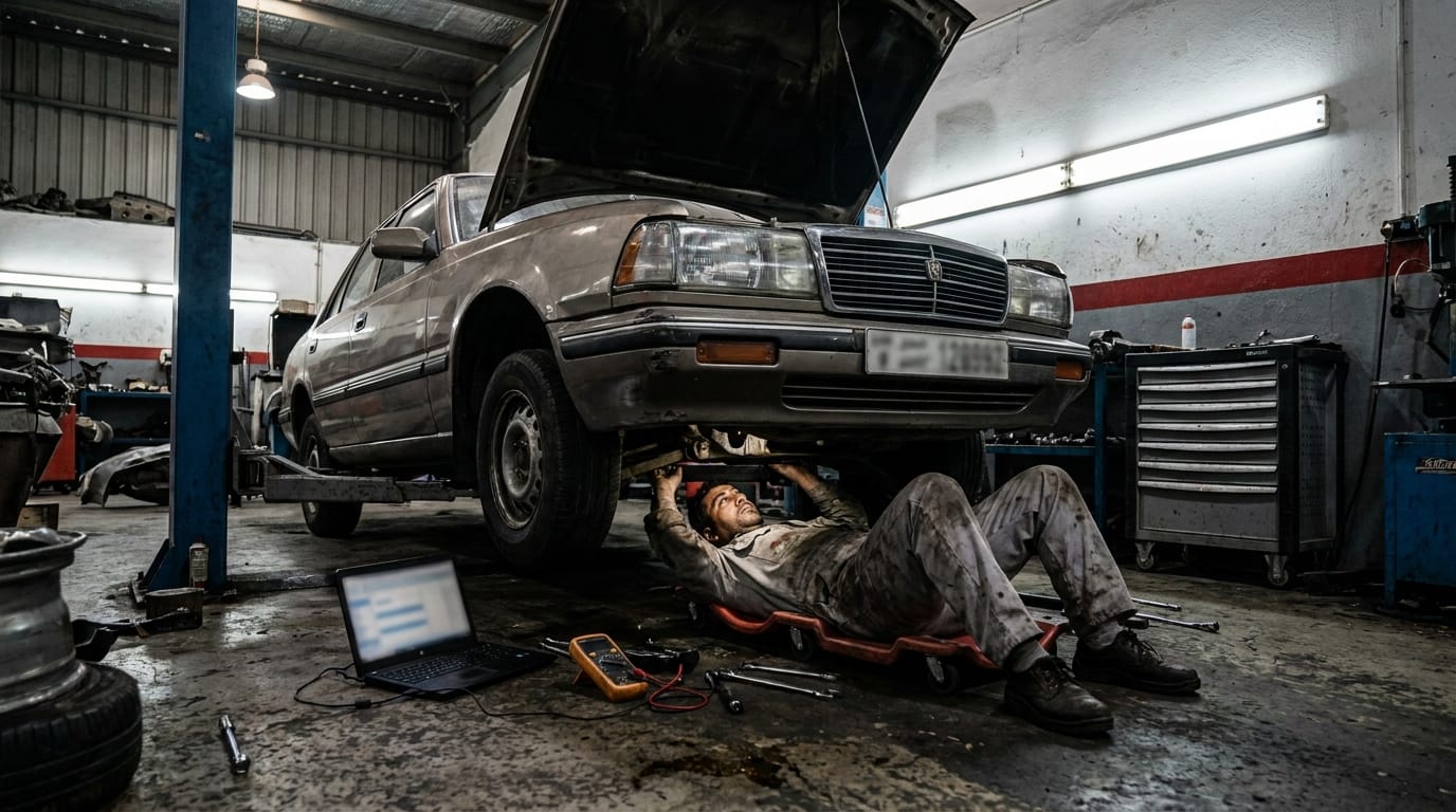 Mechanic inspecting underneath a used car in an Al Quoz workshop bay with diagnostic tools visible