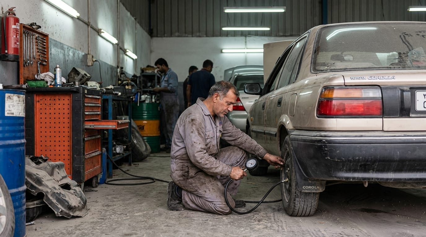 Mechanic in Al Quoz Dubai workshop checking tyre pressure and engine oil on Toyota Corolla to improve fuel economy
