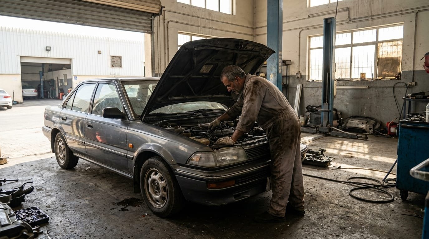 mechanic inspecting engine bay of a used sedan in Al Quoz workshop
