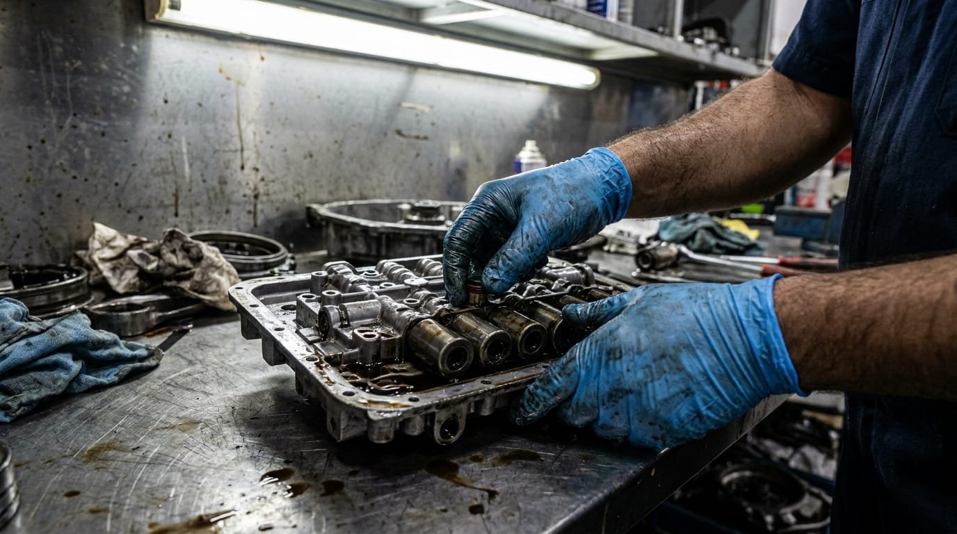 Automatic transmission valve body removed for inspection on workbench in UAE workshop