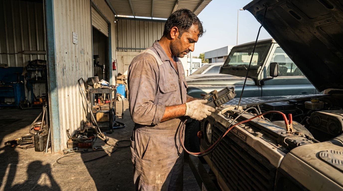 Workshop technician conducting battery load test on a saloon car in Dubai during summer, battery terminals visible