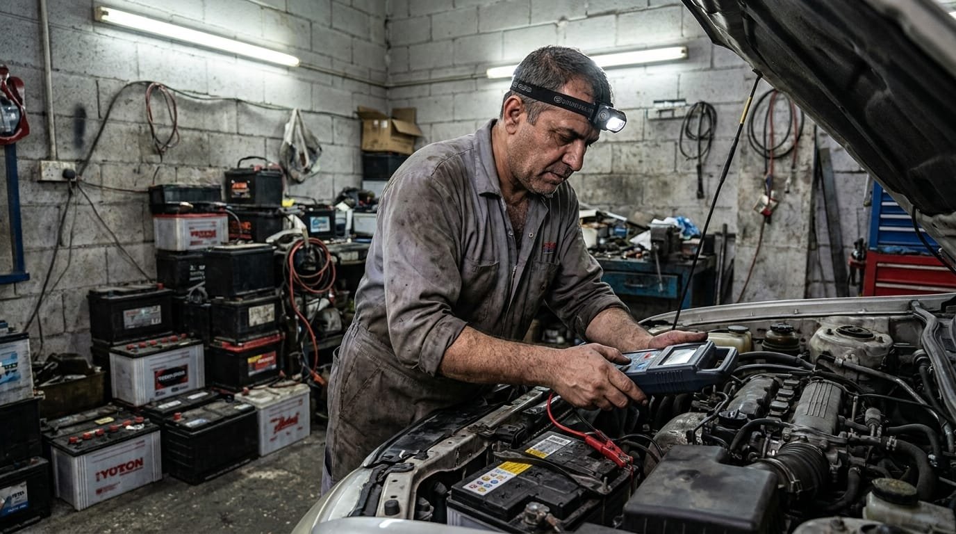 Battery specialist workshop in Al Quoz Dubai testing a car battery with digital load tester