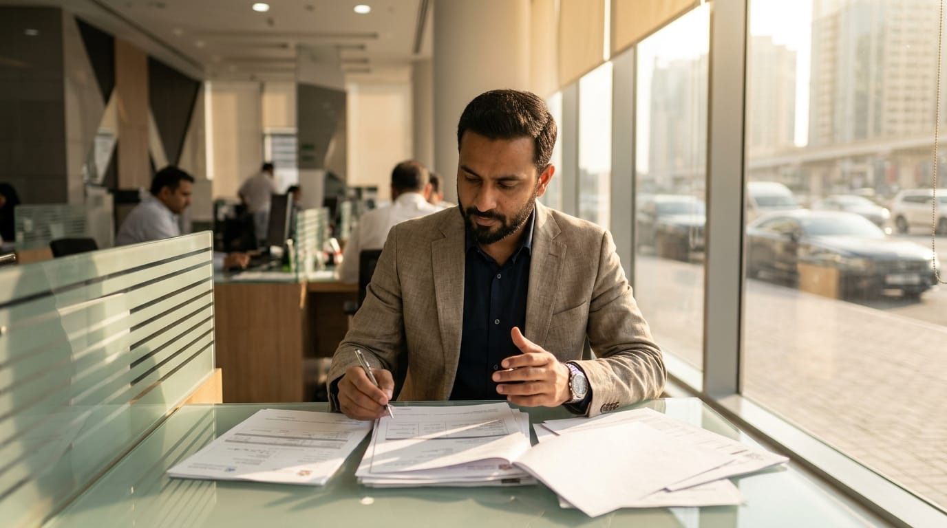 freelancer reviewing car finance documents at UAE bank