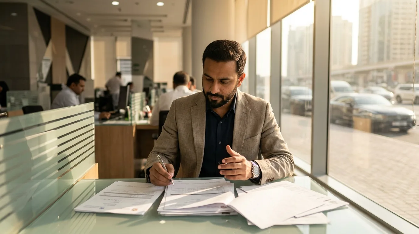 freelancer reviewing car finance documents at UAE bank