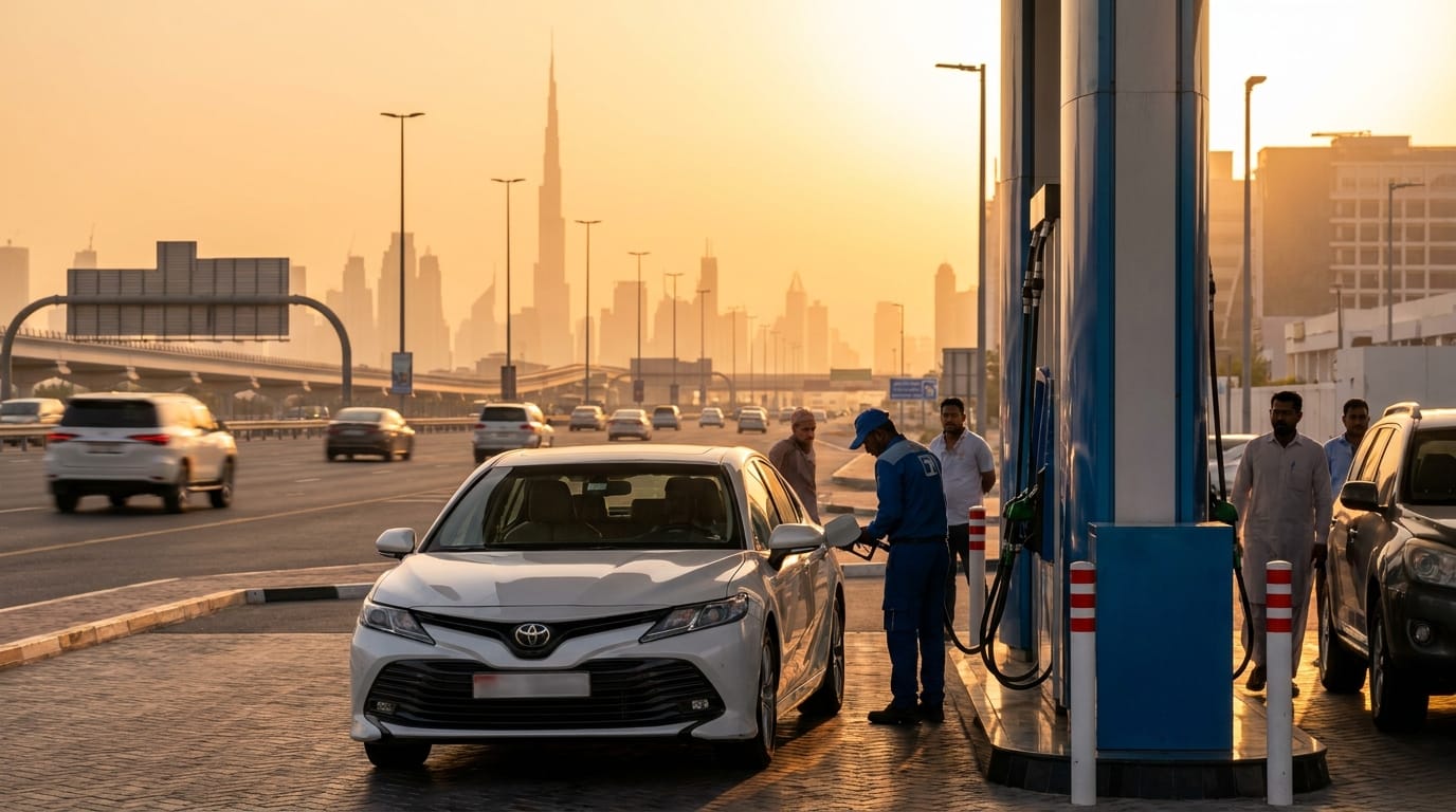 Car fueling at ADNOC petrol station on Sheikh Zayed Road Dubai