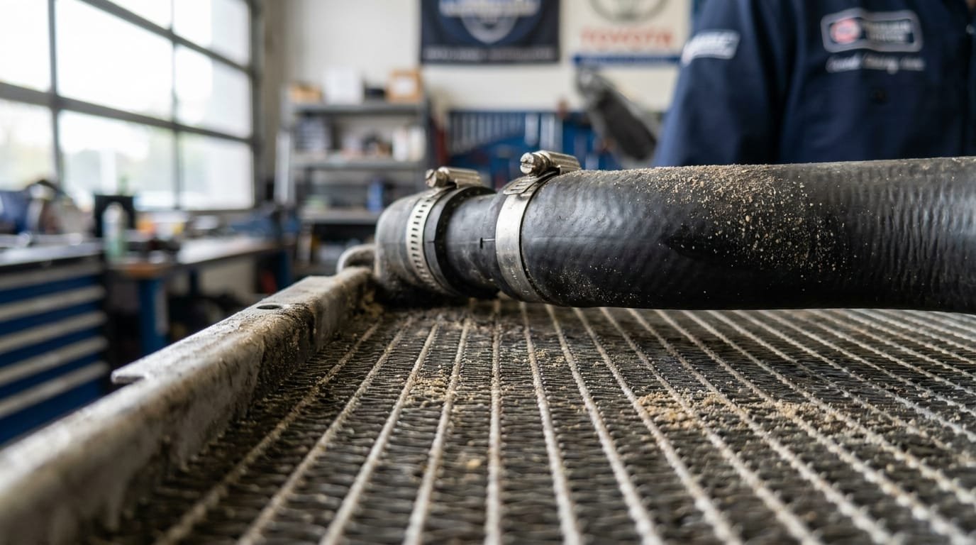 Close-up of car radiator fins and coolant hoses showing wear in UAE workshop