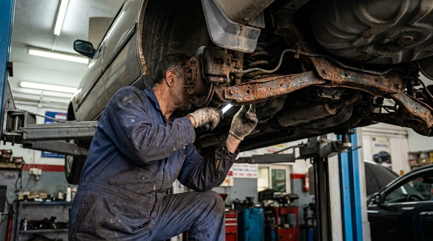 Independent mechanic inspecting underbody of used car on lift in Al Quoz workshop for flood corrosion