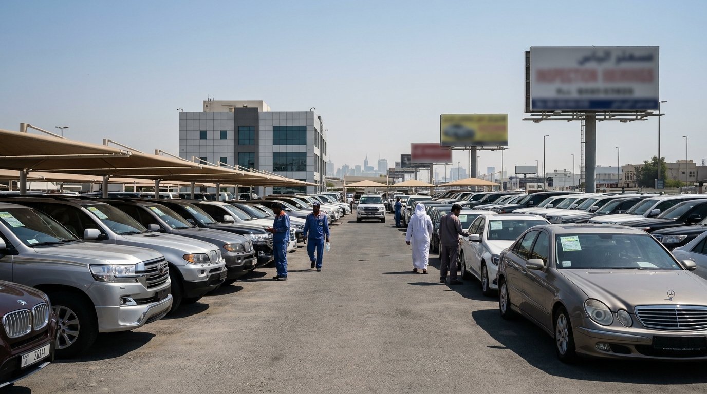 Cars24 UAE certified used cars lined up at inspection hub Dubai