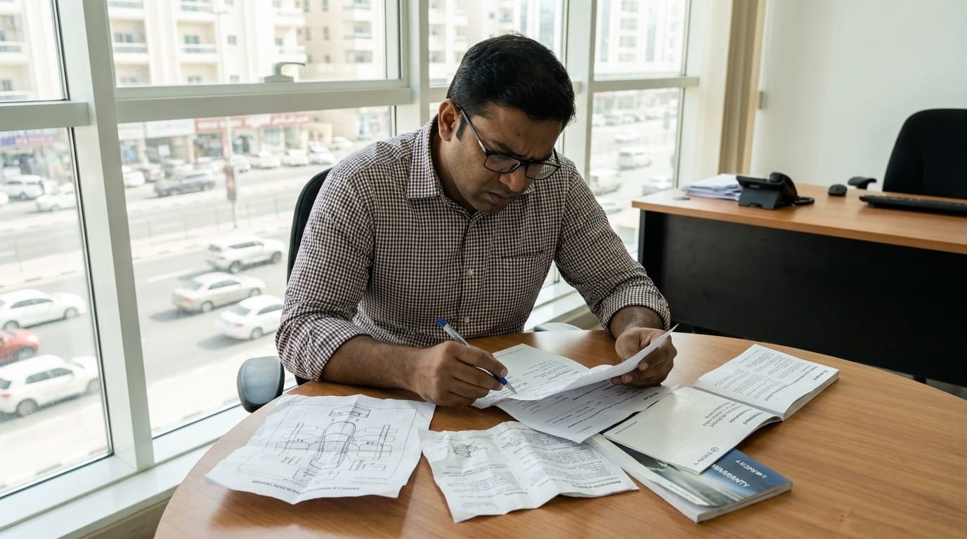 Expat buyer reviewing Cars24 inspection report and warranty document in UAE | Title/Filename: `expat-reviewing-cars24-documents-uae