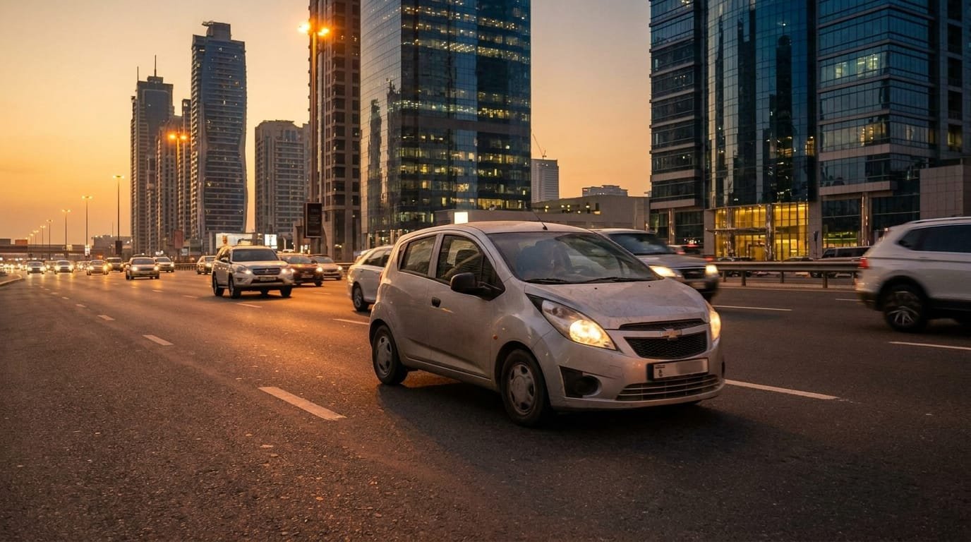 Chevrolet Spark driving on a UAE highway