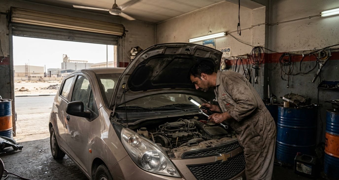 mechanic inspecting Chevrolet Spark engine bay in UAE workshop