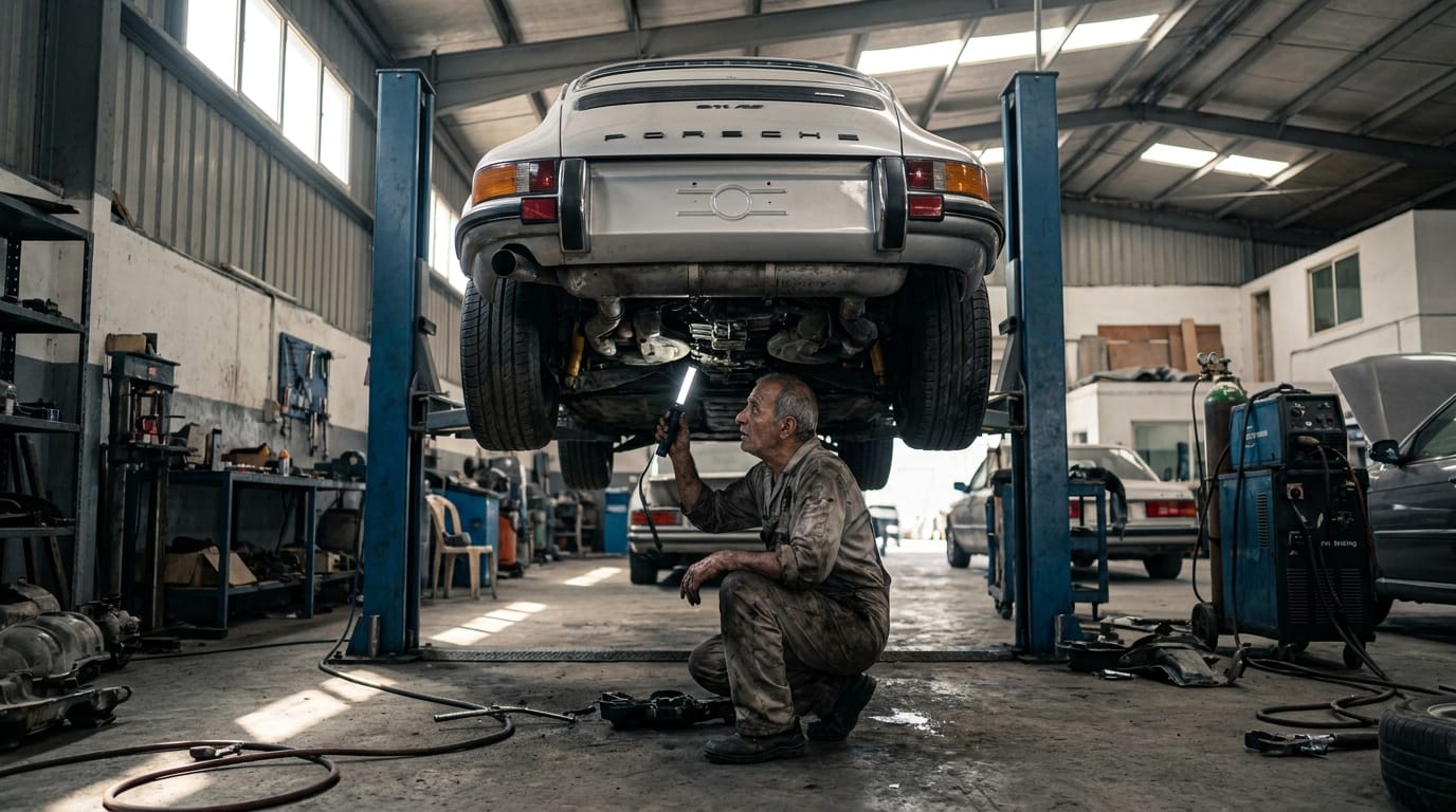 Mechanic inspecting underside of classic European car at Al Quoz Dubai workshop