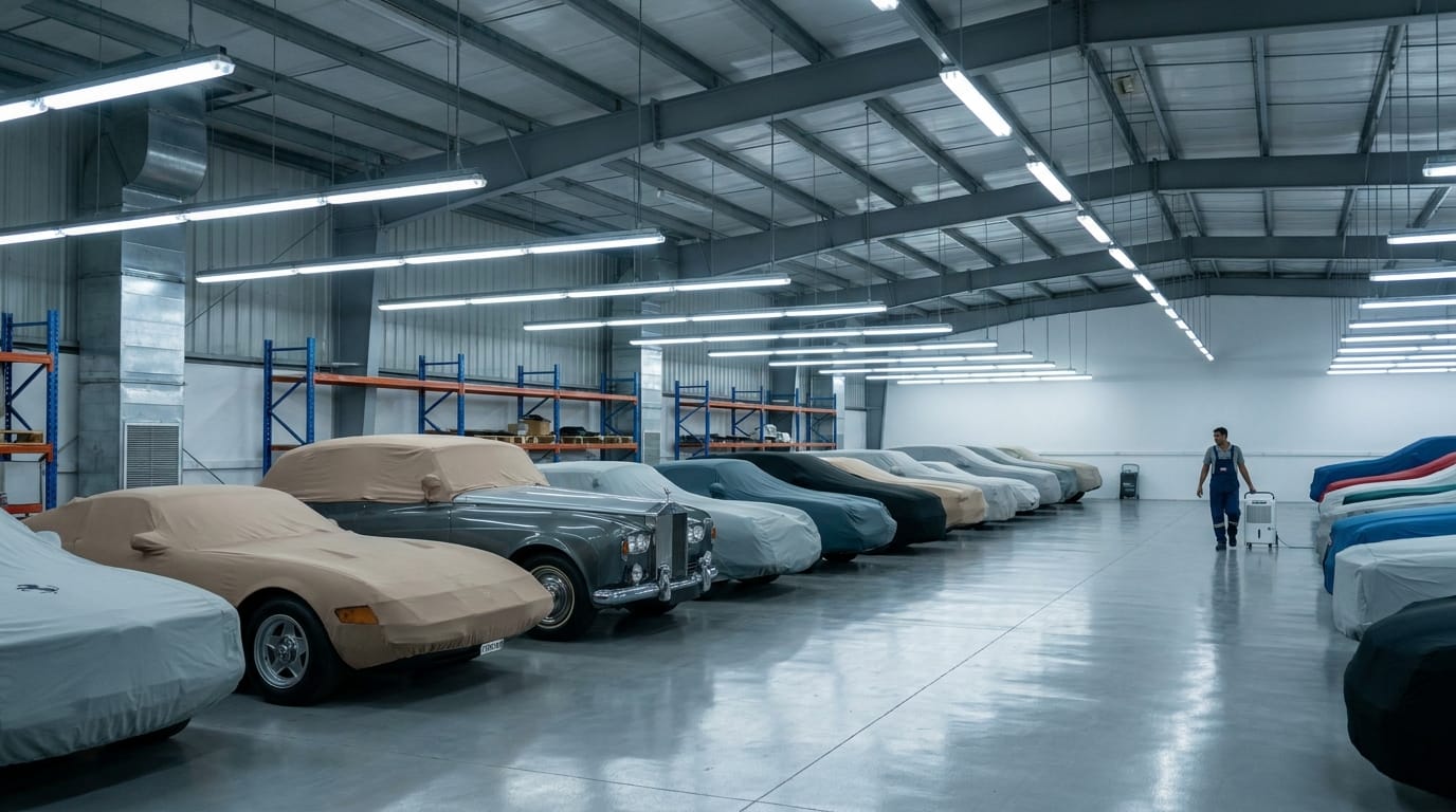 Climate controlled classic car storage facility in Dubai with Porsche and Japanese collector cars