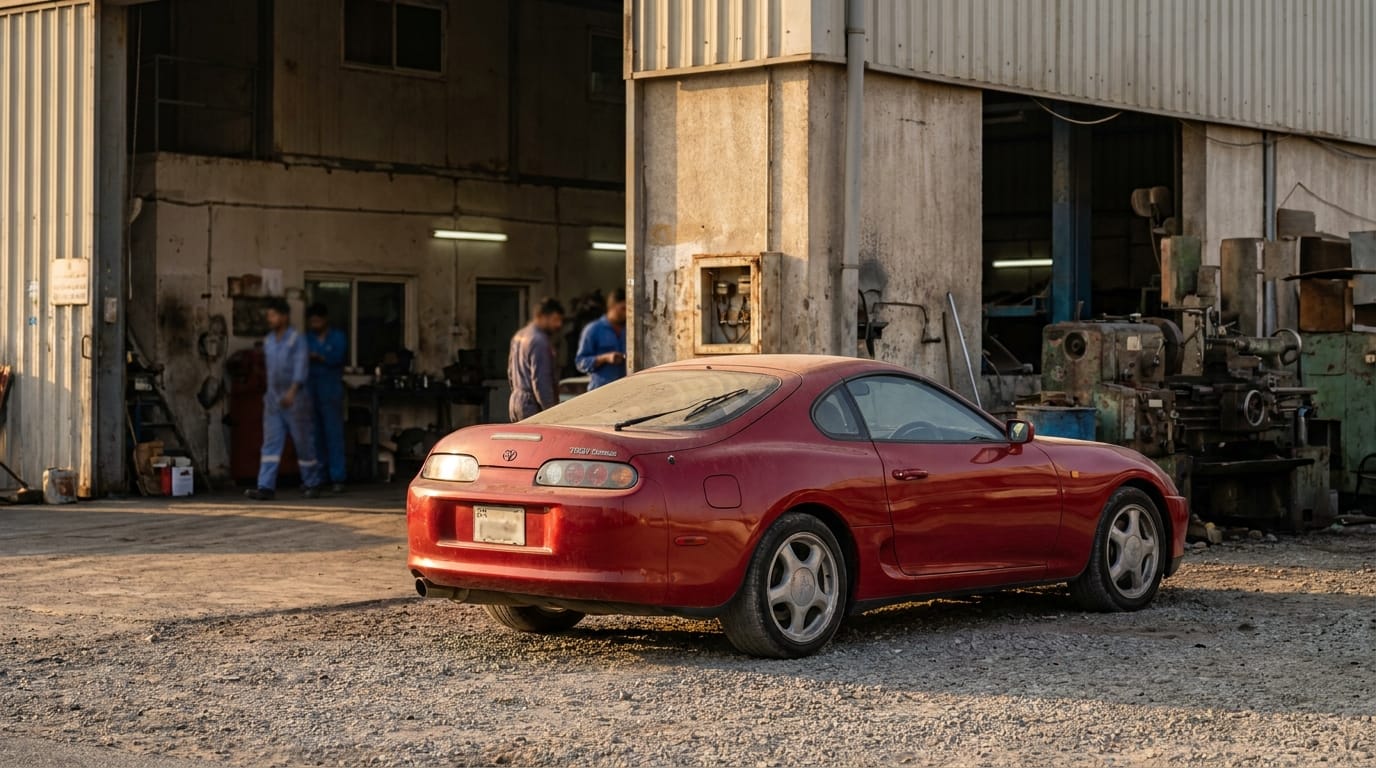 Classic Toyota Supra parked in Al Quoz industrial area Dubai collector car market