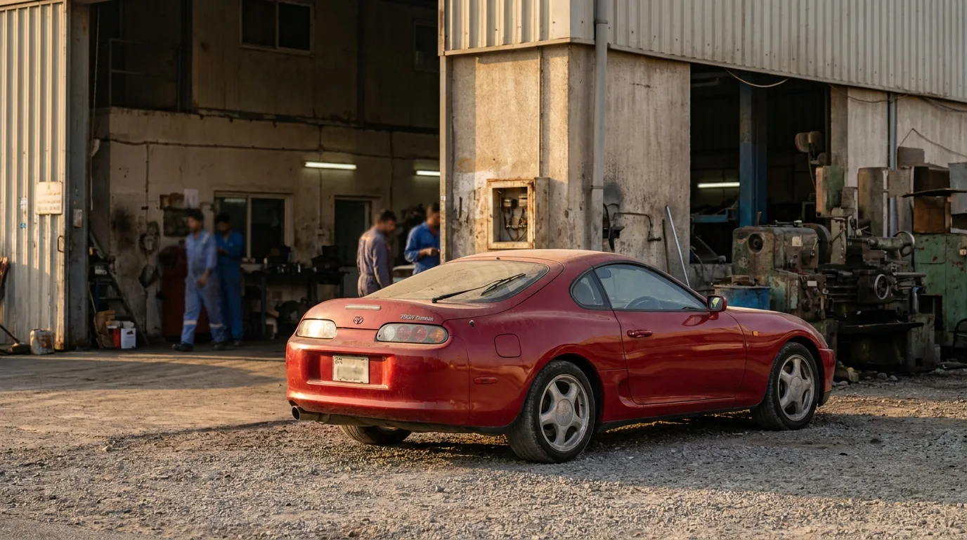 Classic Toyota Supra parked in Al Quoz industrial area Dubai collector car market