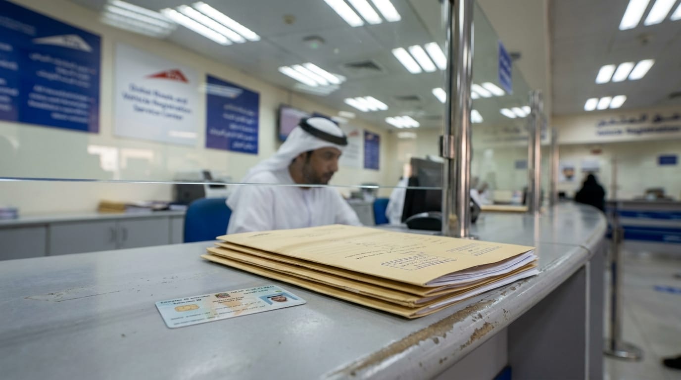 Company car UAE registration documents and Emirates ID at RTA service counter in Dubai