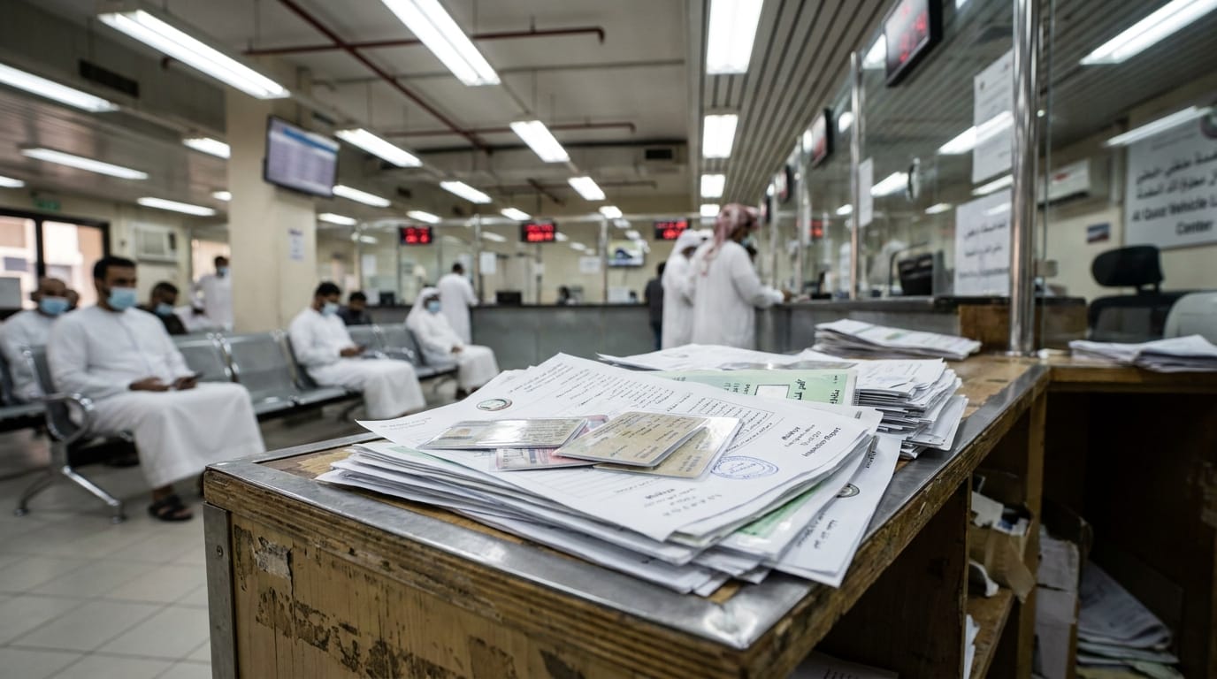 Mulkiya ownership transfer paperwork and vehicle inspection certificate at Al Quoz registration center
