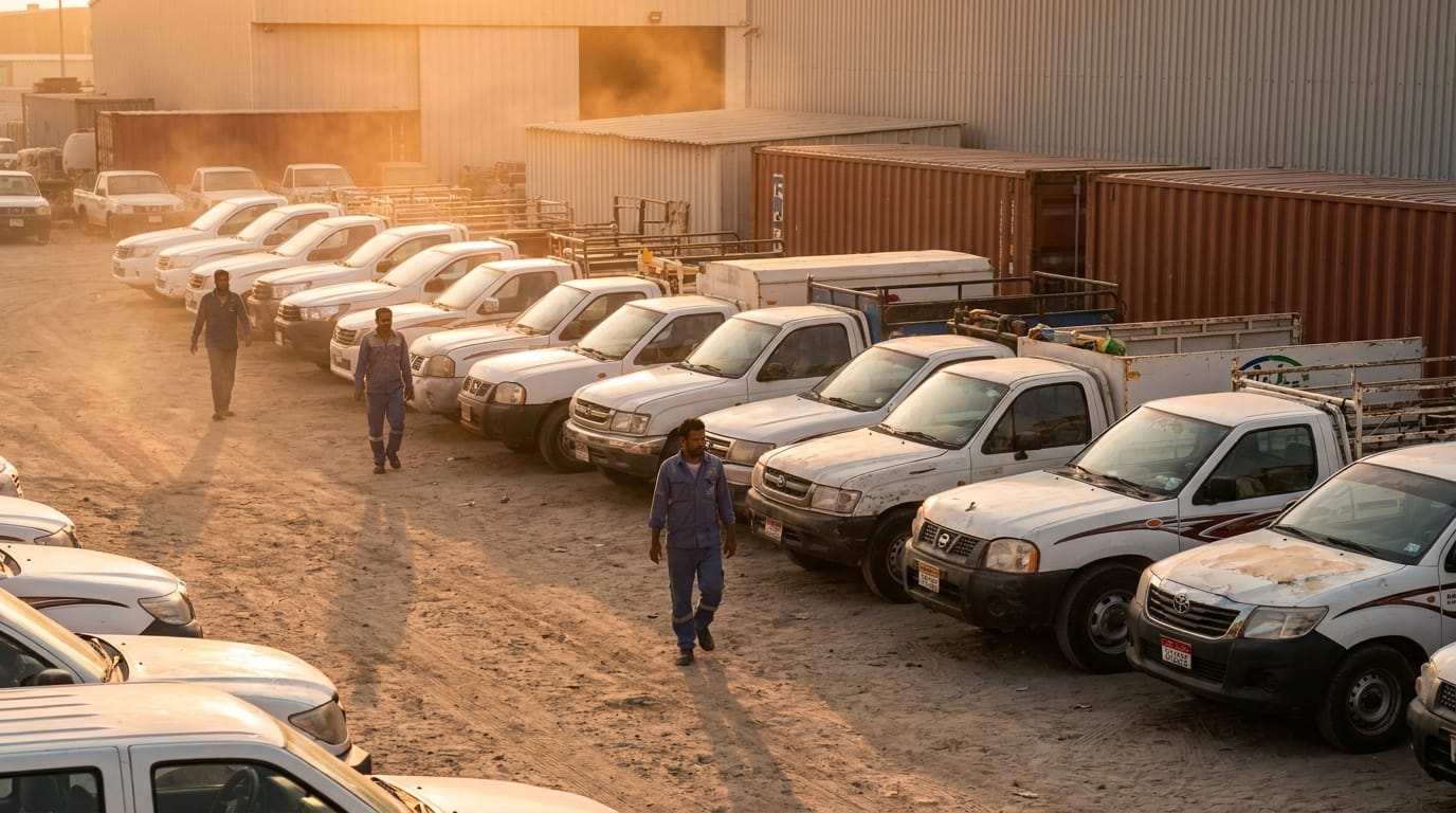 Line of white company pickup trucks parked in Sharjah Industrial Area awaiting registration renewal