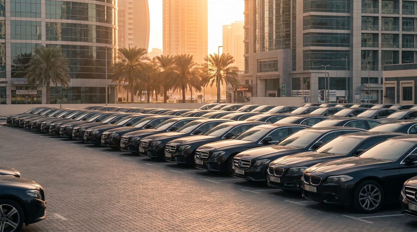 Corporate sedan fleet lined up at a Dubai business park, early morning light, no visible branding