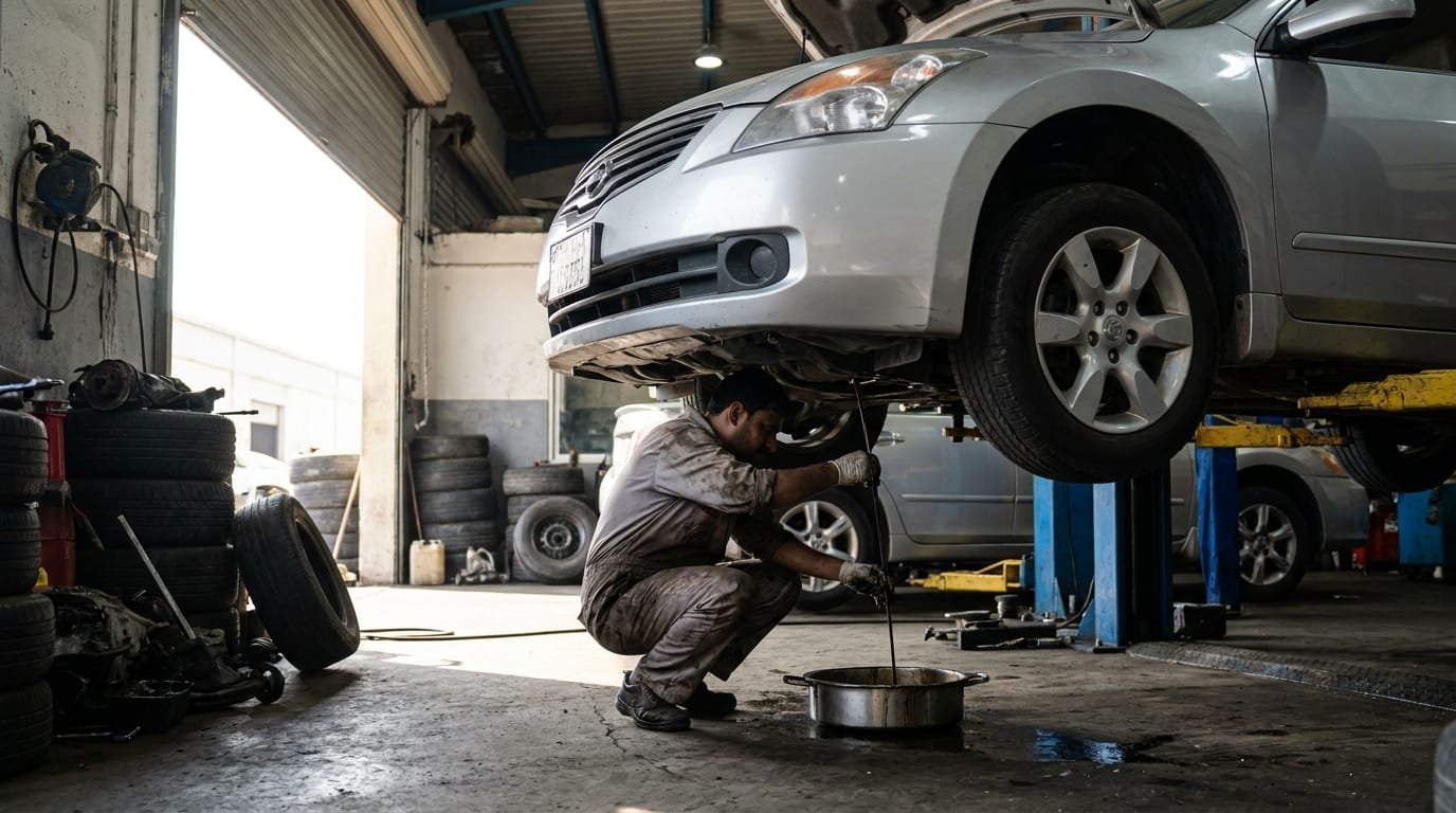Mechanic draining CVT fluid from Japanese sedan in Sharjah workshop