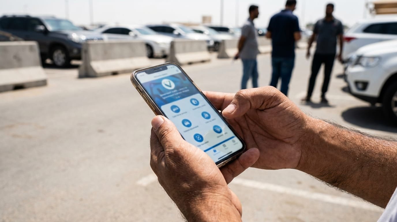 Hand holding smartphone displaying Dubai Police traffic fine inquiry screen in a UAE parking area