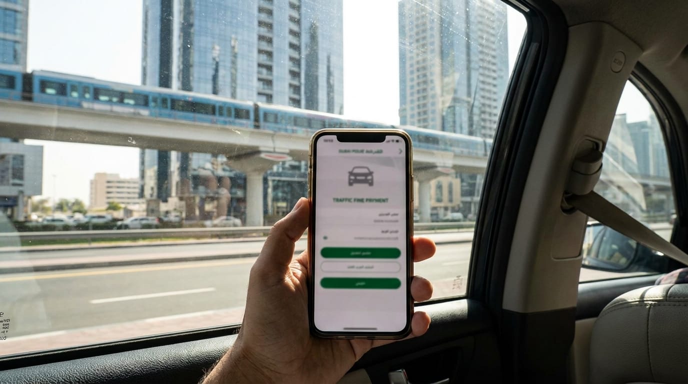 Dubai Police mobile app displaying traffic fine payment screen on smartphone in realistic UAE urban setting, no text, no women